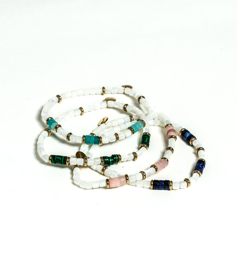 bracelet heishi nacre malachite, lapis lazuli, quartz rose, amazonite