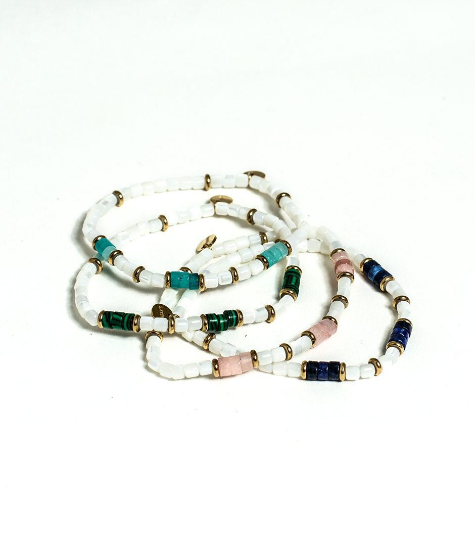 bracelet heishi nacre malachite, lapis lazuli, quartz rose, amazonite