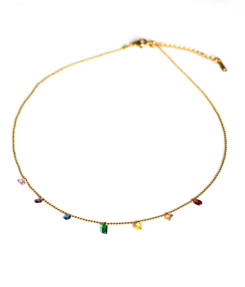 Collier maille boule cristaux colorés